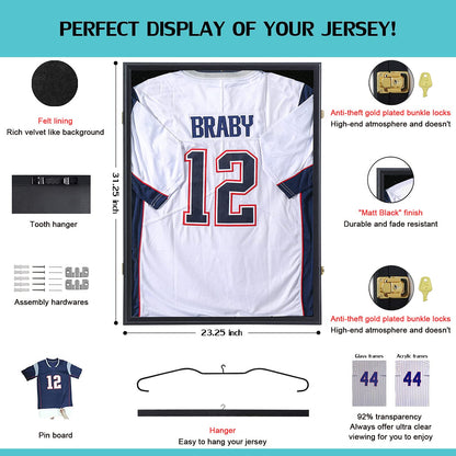 Jersey Display Frame Case - Large Lockable Frames Shadow Box with UV Protection for Baseball Basketball Football Soccer Hockey Sport Shirt Matte Finish