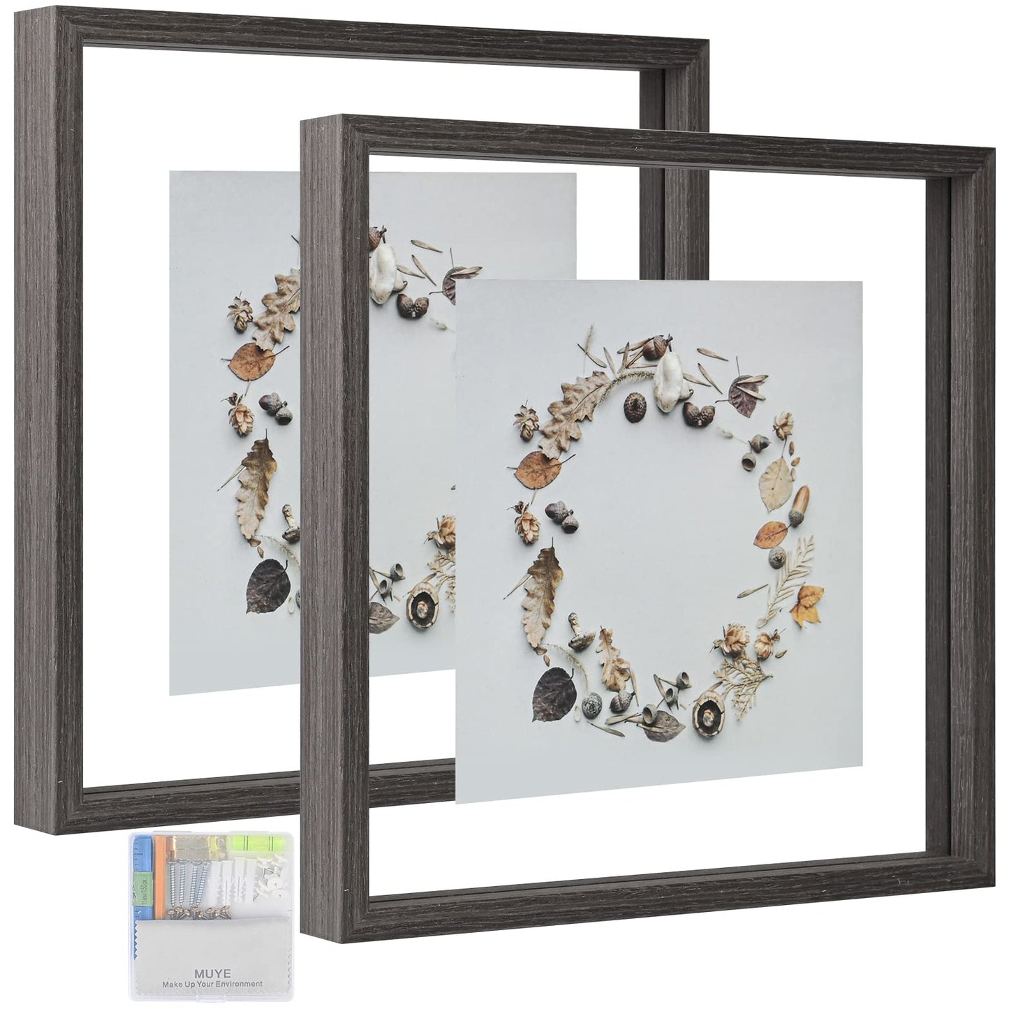 Floating Frame Set of 2, Double Glass Rustic Photo Frame for Wall Hanging or Tabletop, Display 4x6 or 3x5 Photo for Floating Effect