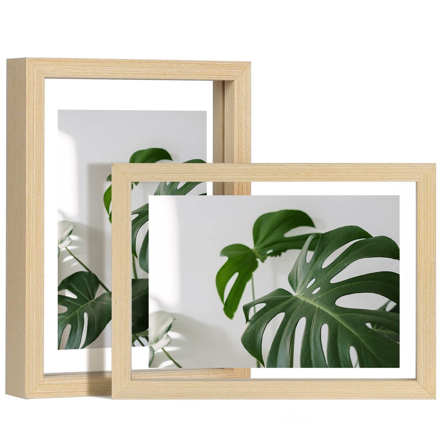 Floating Frames Set of 2, Double Glass Picture Frame, Made of Solid Wood Display Any Size Photo up to 11x14, Wall Mount or Tabletop Standing