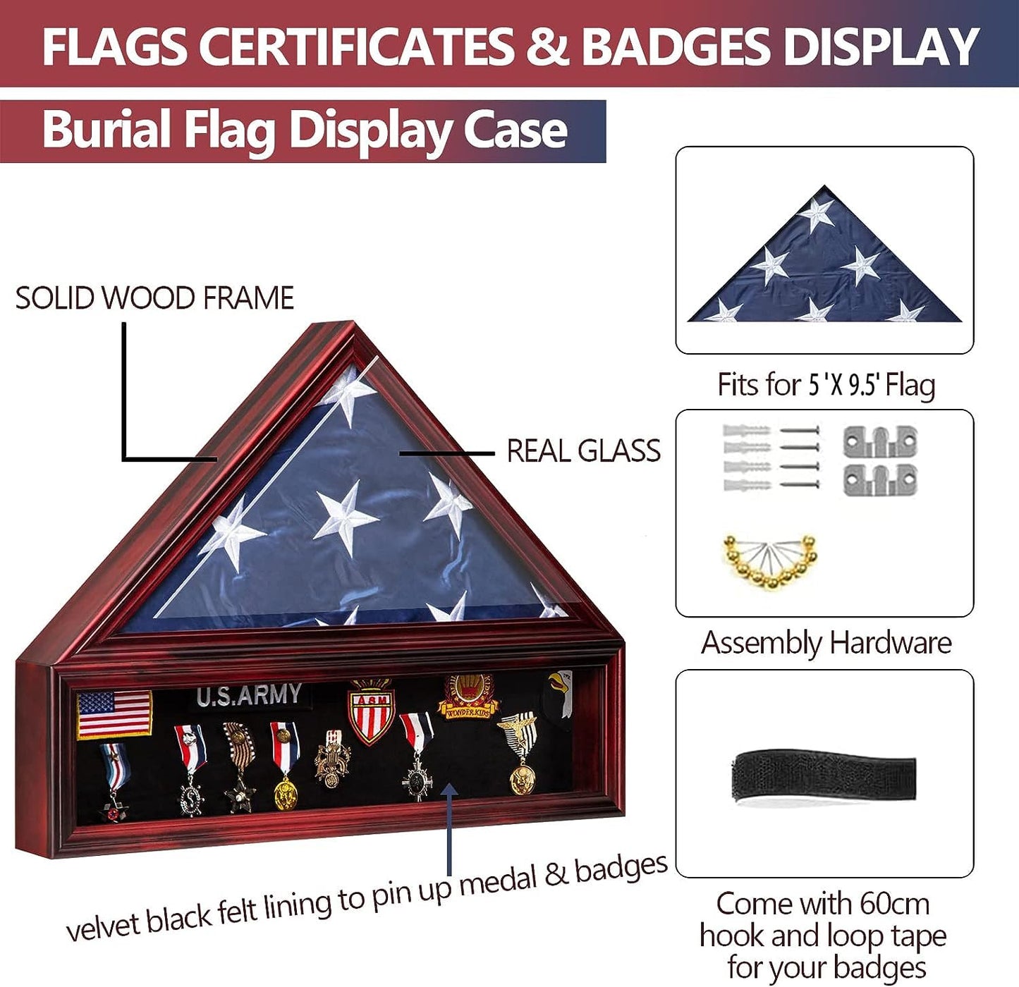 Large Military Shadow Box Solid Wood Burial Flag Display Case for American Veteran Display Fits a Folded 5'x9.5' Flag Mahogany Finish