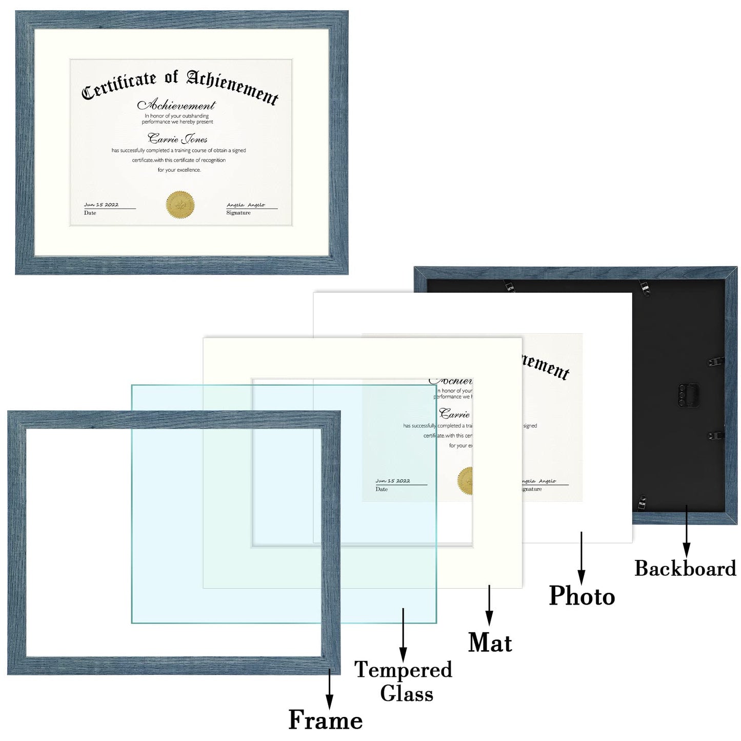 8.5 x 11 Picture Frame with Back Hangers for Wall Display, Easel Stand for Tabletop, for Certificates, Wide Molding