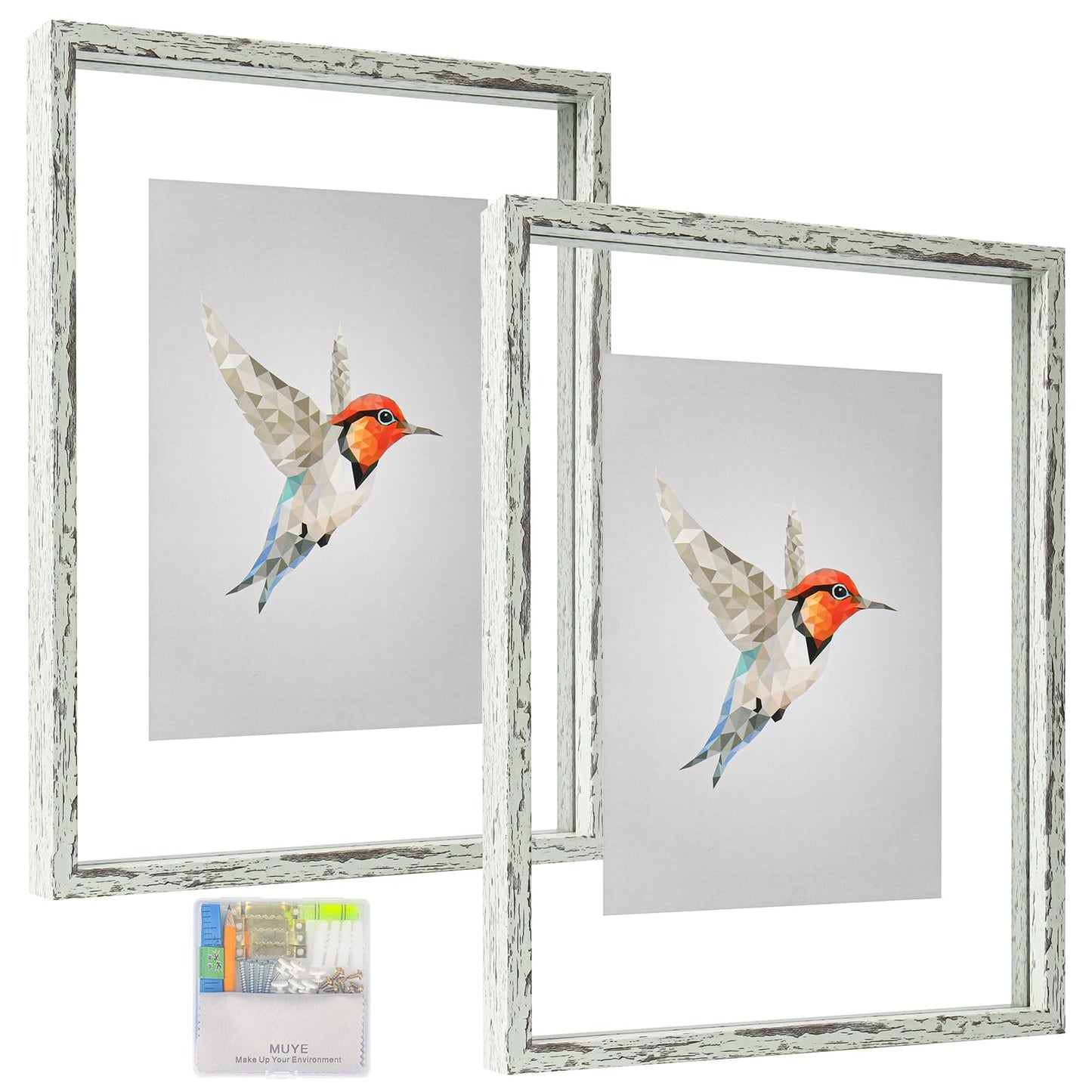 Floating Frame Set of 2, Double Glass Rustic Photo Frame for Wall Hanging or Tabletop, Display 4x6 or 3x5 Photo for Floating Effect