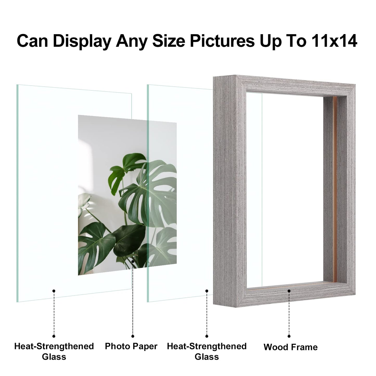 Floating Frames Set of 2, Double Glass Picture Frame, Made of Solid Wood Display Any Size Photo up to 11x14, Wall Mount or Tabletop Standing