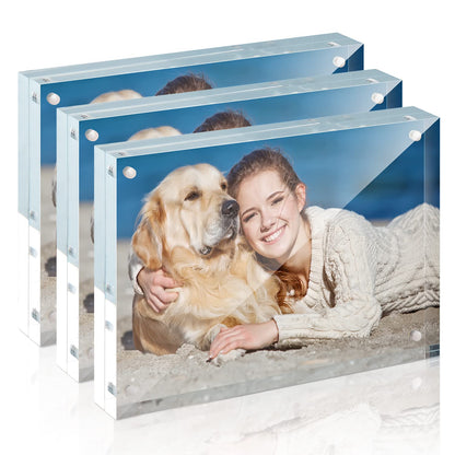 Acrylic Photo Frames Horizontal Magnet Double Sided Photo Frame with Microfiber Cloth, 12 + 12MM Thickness Clear Picture Frame Desktop Display