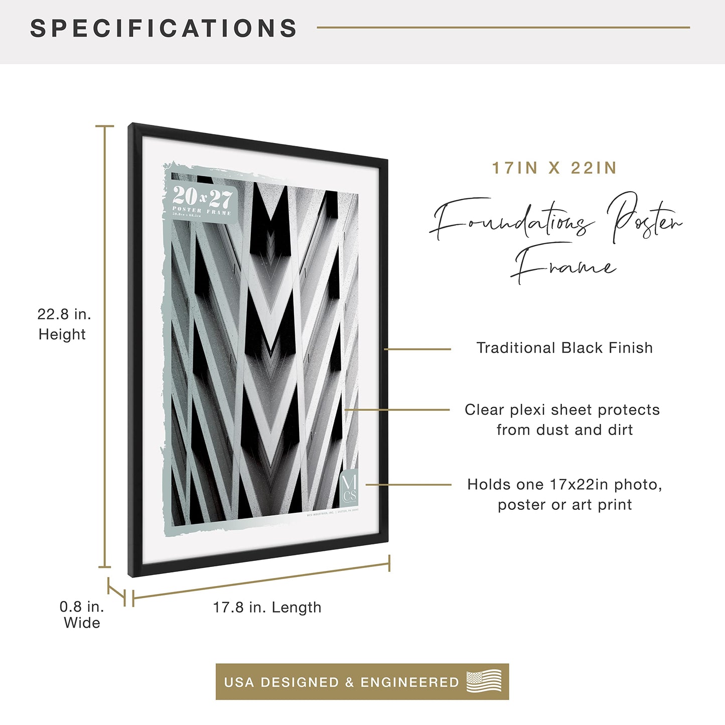 Foundation Poster Frame Traditional Brass, Vertical & Horizontal Wall Hanging Large Picture Frame for Photos, Posters & Art Prints