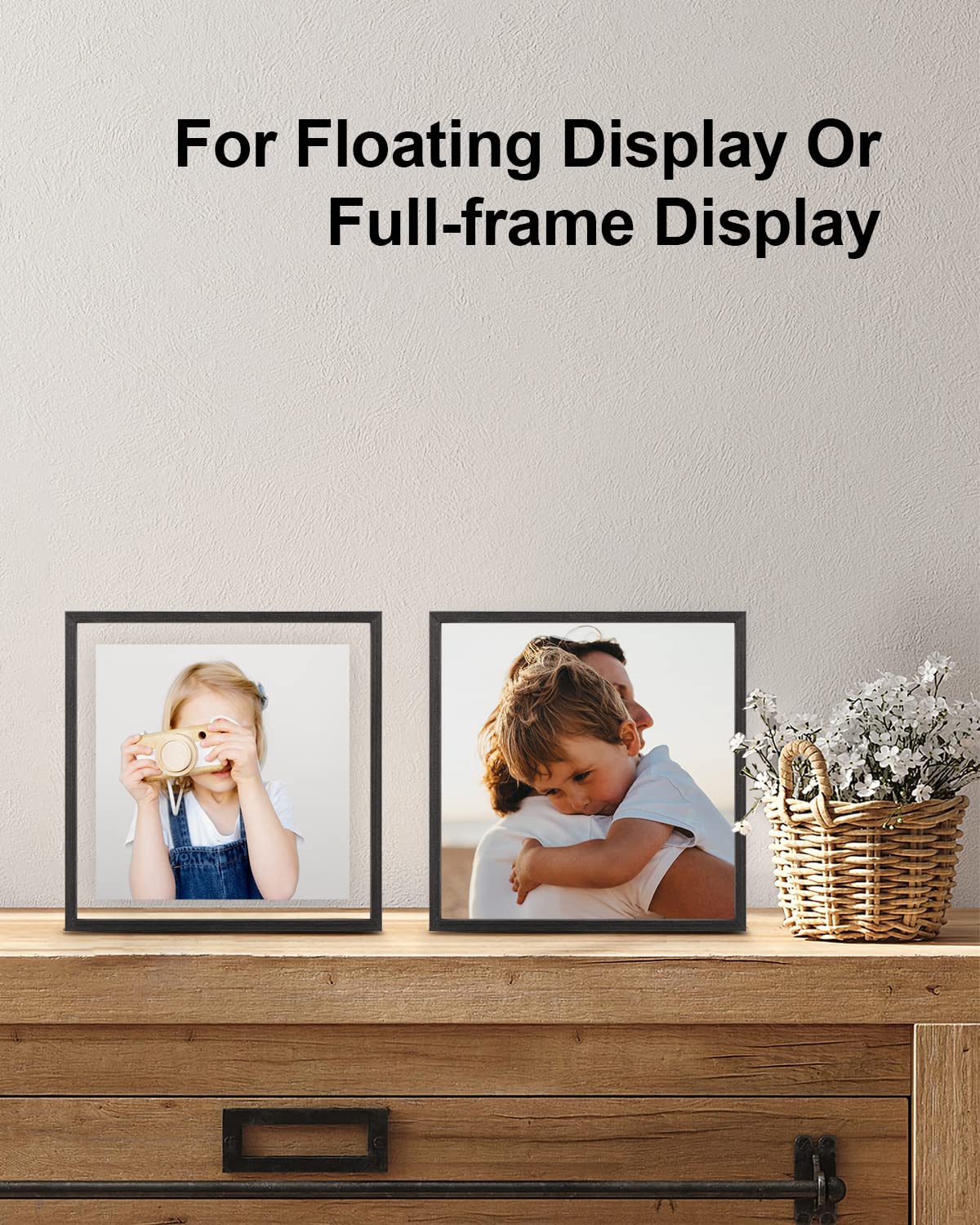 Floating Frames Set of 2, Double Glass Picture Frame, Made of Solid Wood Display Any Size Photo up to 11x14, Wall Mount or Tabletop Standing