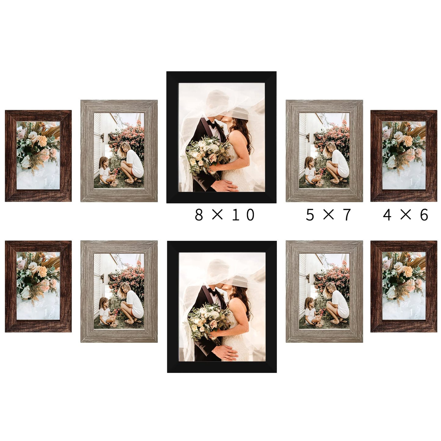 Picture Frame Set 10-Pack, Gallery Wall Frame Collage with 8x10 5x7 4x6 Frames in 3 Different Finishes