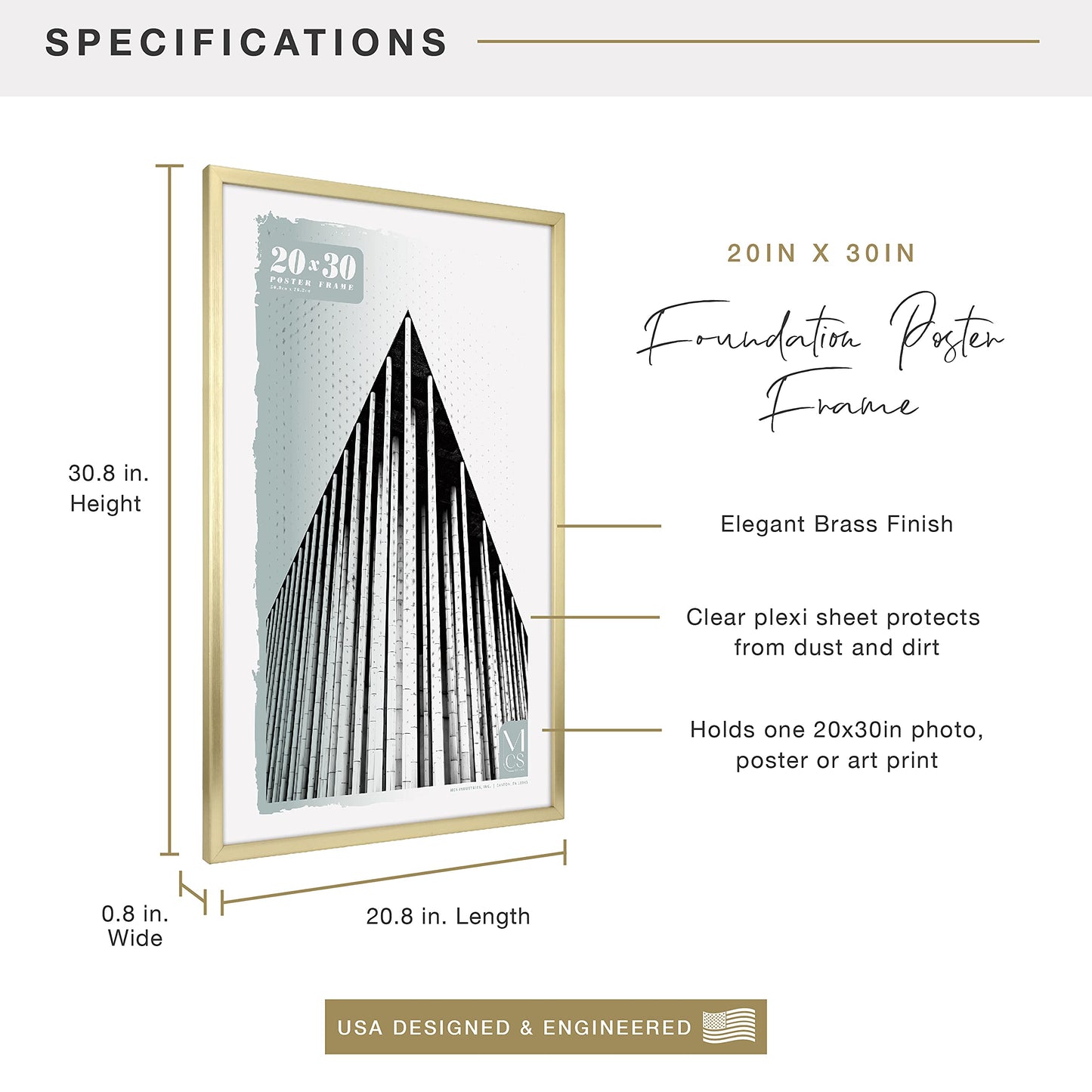 Foundation Poster Frame Traditional Brass, Vertical & Horizontal Wall Hanging Large Picture Frame for Photos, Posters & Art Prints