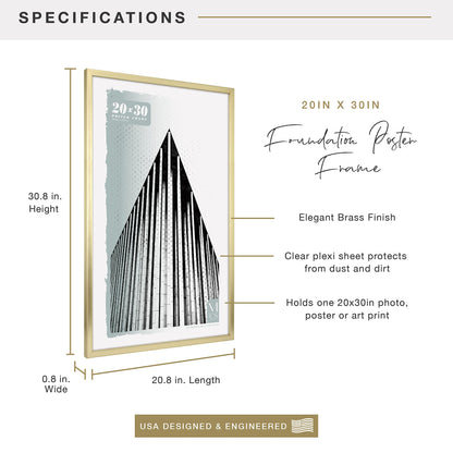 Foundation Poster Frame Traditional Brass, Vertical & Horizontal Wall Hanging Large Picture Frame for Photos, Posters & Art Prints