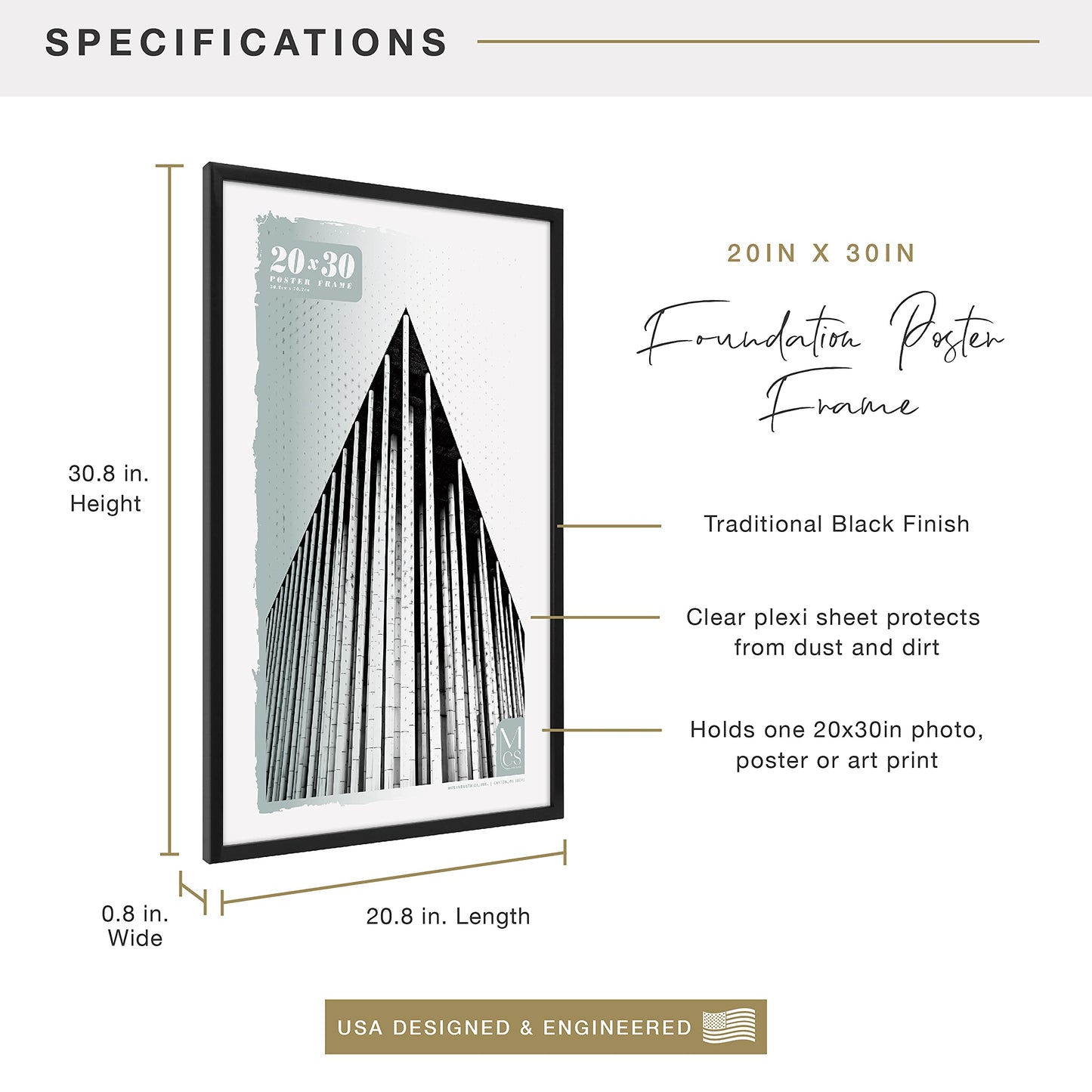 Foundation Poster Frame Traditional Brass, Vertical & Horizontal Wall Hanging Large Picture Frame for Photos, Posters & Art Prints