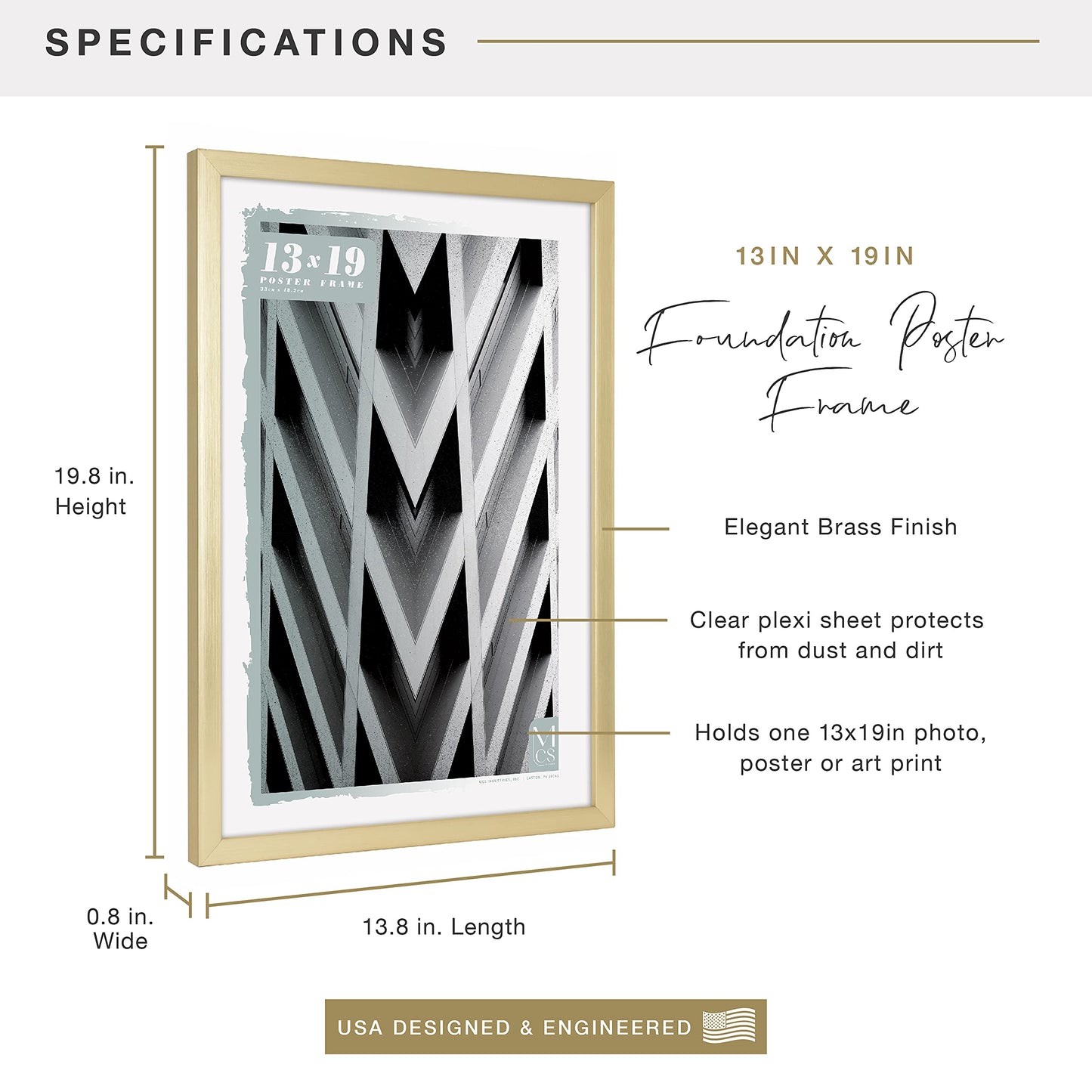 Foundation Poster Frame Traditional Brass, Vertical & Horizontal Wall Hanging Large Picture Frame for Photos, Posters & Art Prints