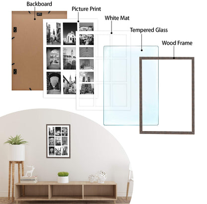 13.6x19.7 Wood Collage Frame with Real Glass and White Displays (9) 4x6 Pictures