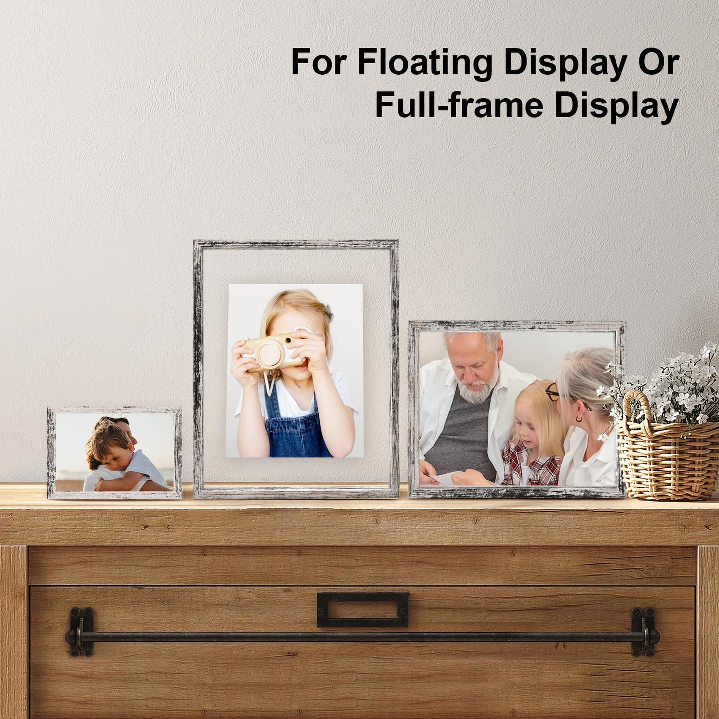 Floating Frames Set of 2, Double Glass Picture Frame, Made of Solid Wood Display Any Size Photo up to 11x14, Wall Mount or Tabletop Standing