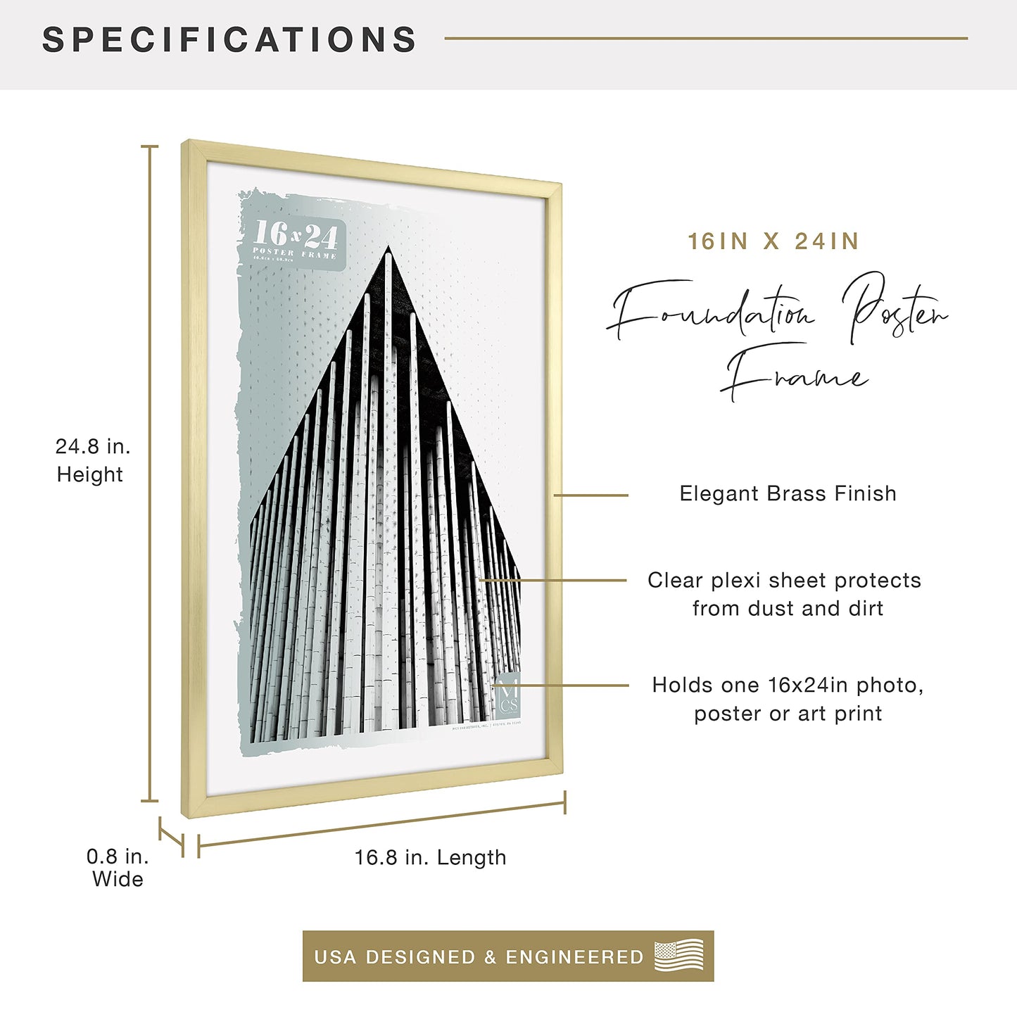 Foundation Poster Frame Traditional Brass, Vertical & Horizontal Wall Hanging Large Picture Frame for Photos, Posters & Art Prints