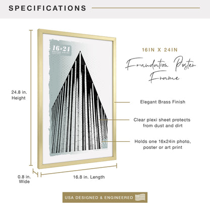 Foundation Poster Frame Traditional Brass, Vertical & Horizontal Wall Hanging Large Picture Frame for Photos, Posters & Art Prints