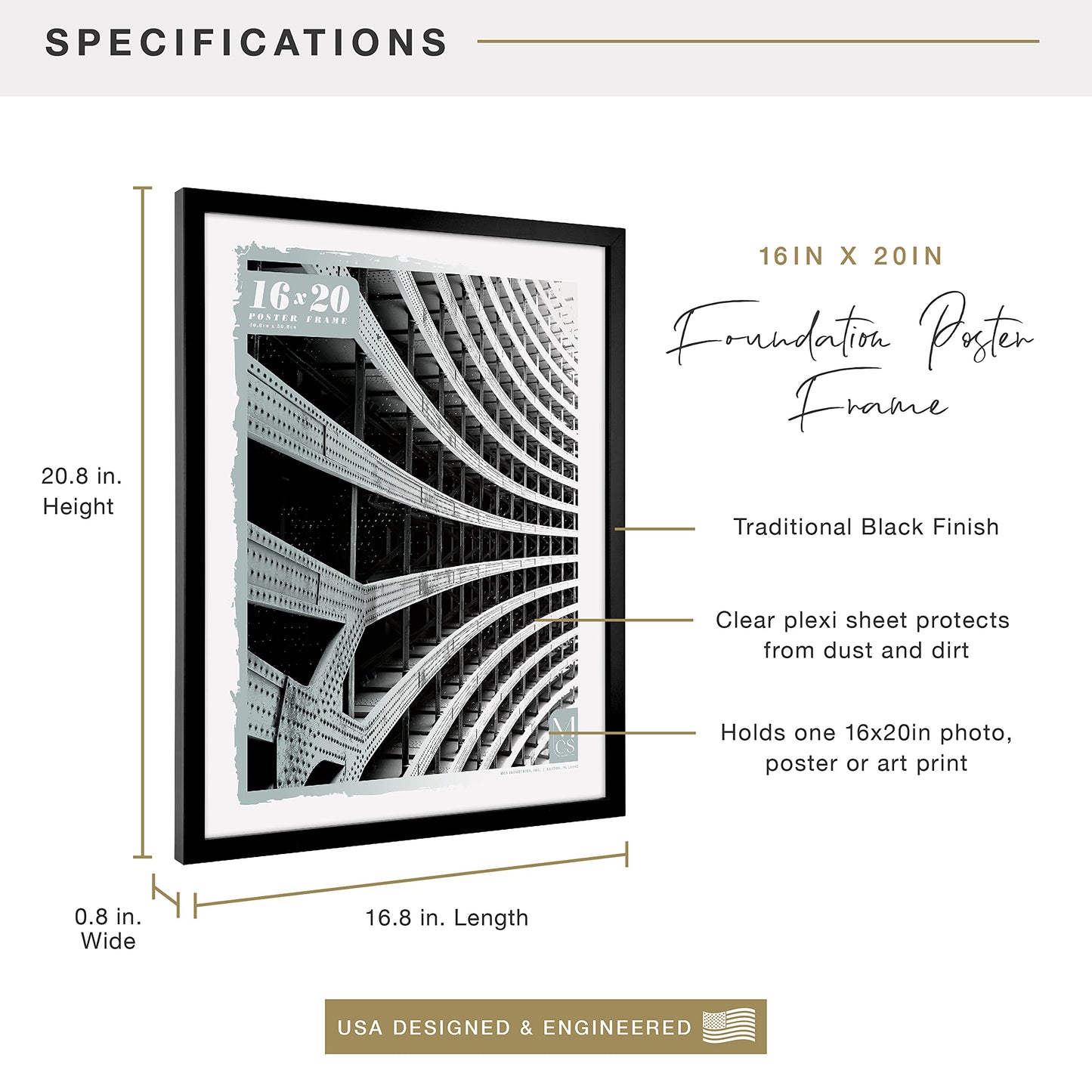 Foundation Poster Frame Traditional Brass, Vertical & Horizontal Wall Hanging Large Picture Frame for Photos, Posters & Art Prints