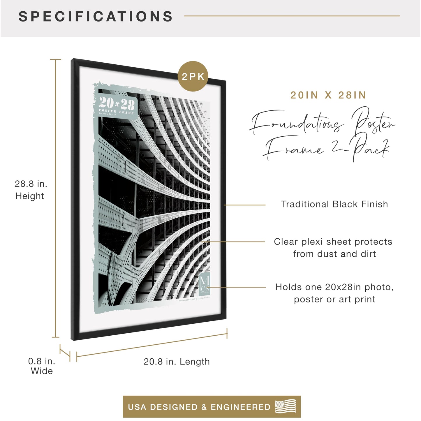 Foundation Poster Frame Traditional Brass, Vertical & Horizontal Wall Hanging Large Picture Frame for Photos, Posters & Art Prints