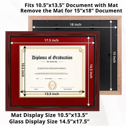 11x14 Diploma Frame 15x18 Certificate without Mat, Solid Wood & UV Protection Acrylic, Cherry Finish