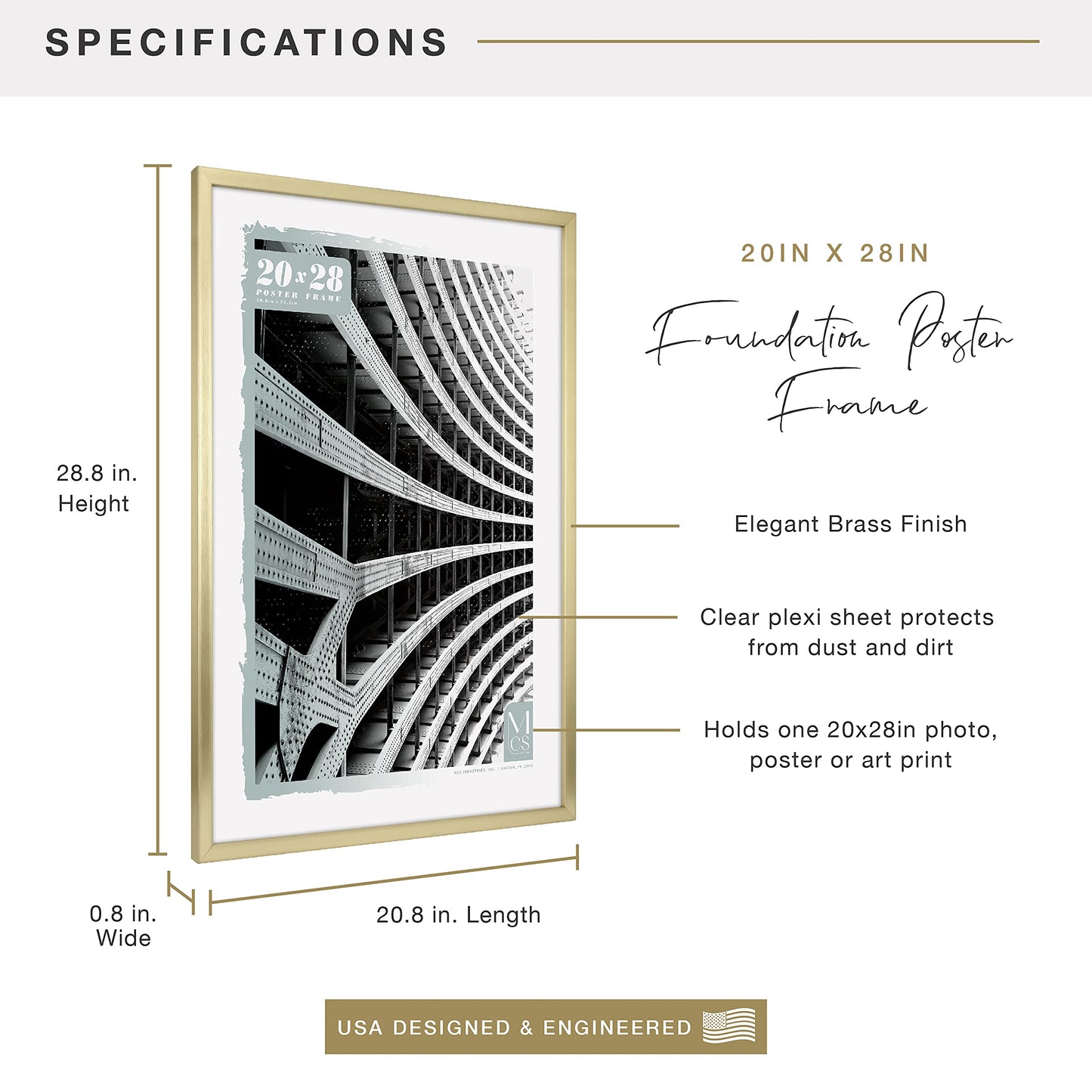 Foundation Poster Frame Traditional Brass, Vertical & Horizontal Wall Hanging Large Picture Frame for Photos, Posters & Art Prints