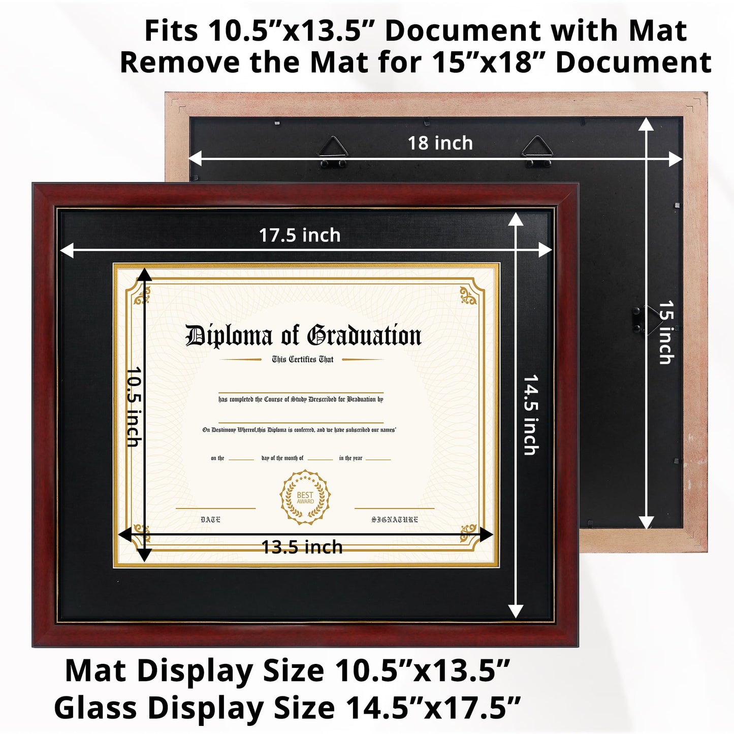 11x14 Diploma Frame 15x18 Certificate without Mat, Solid Wood & UV Protection Acrylic, Cherry Finish