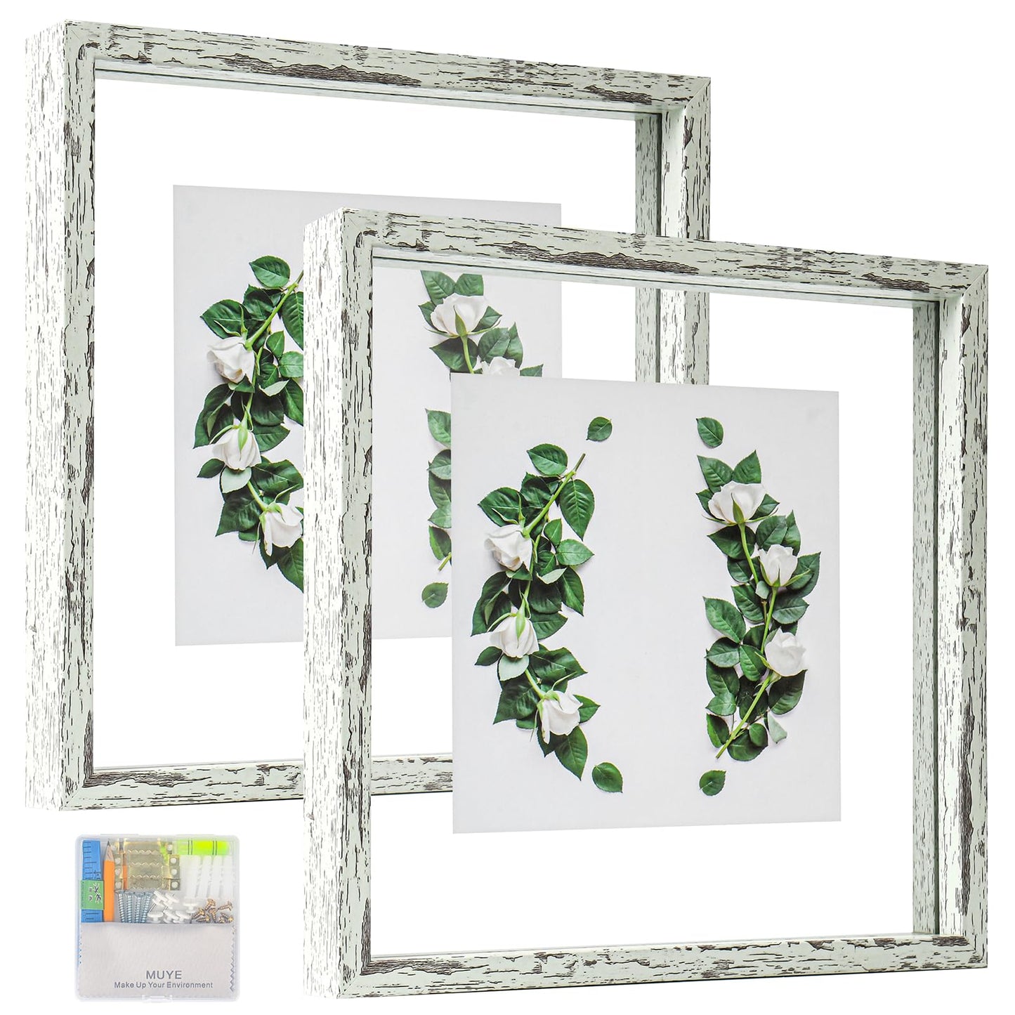 Floating Frame Set of 2, Double Glass Rustic Photo Frame for Wall Hanging or Tabletop, Display 4x6 or 3x5 Photo for Floating Effect