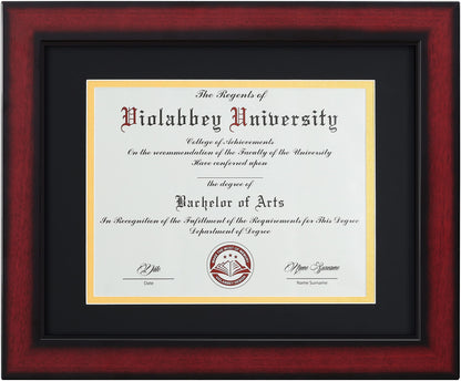 11x14 Diploma Frame with Double Mat for 8.5x11 Documents & Certificates, Smooth Cherry Wood Grain Finish, Wall Mounting & Tabletop Display, Tempered Glass