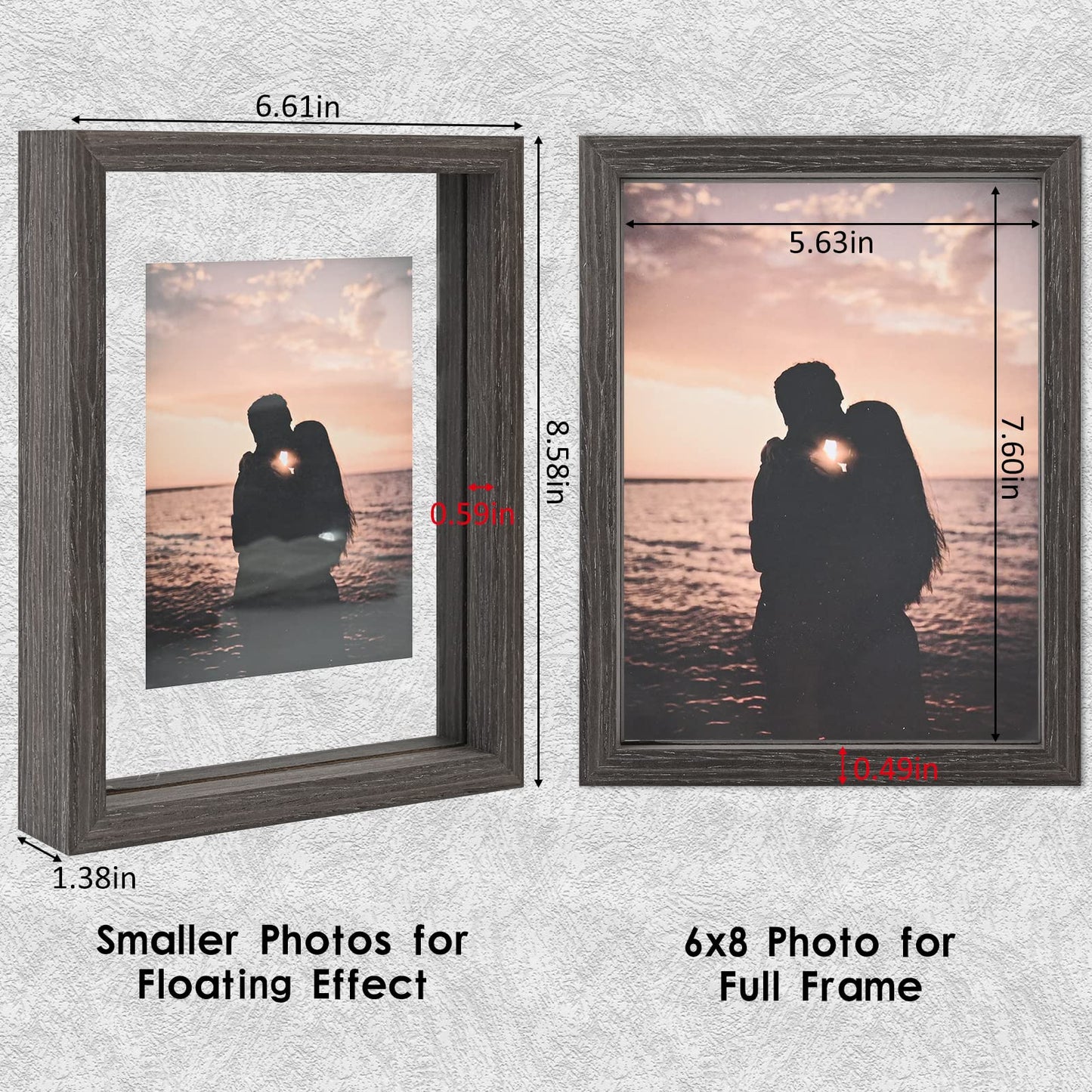 Floating Frame Set of 2, Double Glass Rustic Photo Frame for Wall Hanging or Tabletop, Display 4x6 or 3x5 Photo for Floating Effect