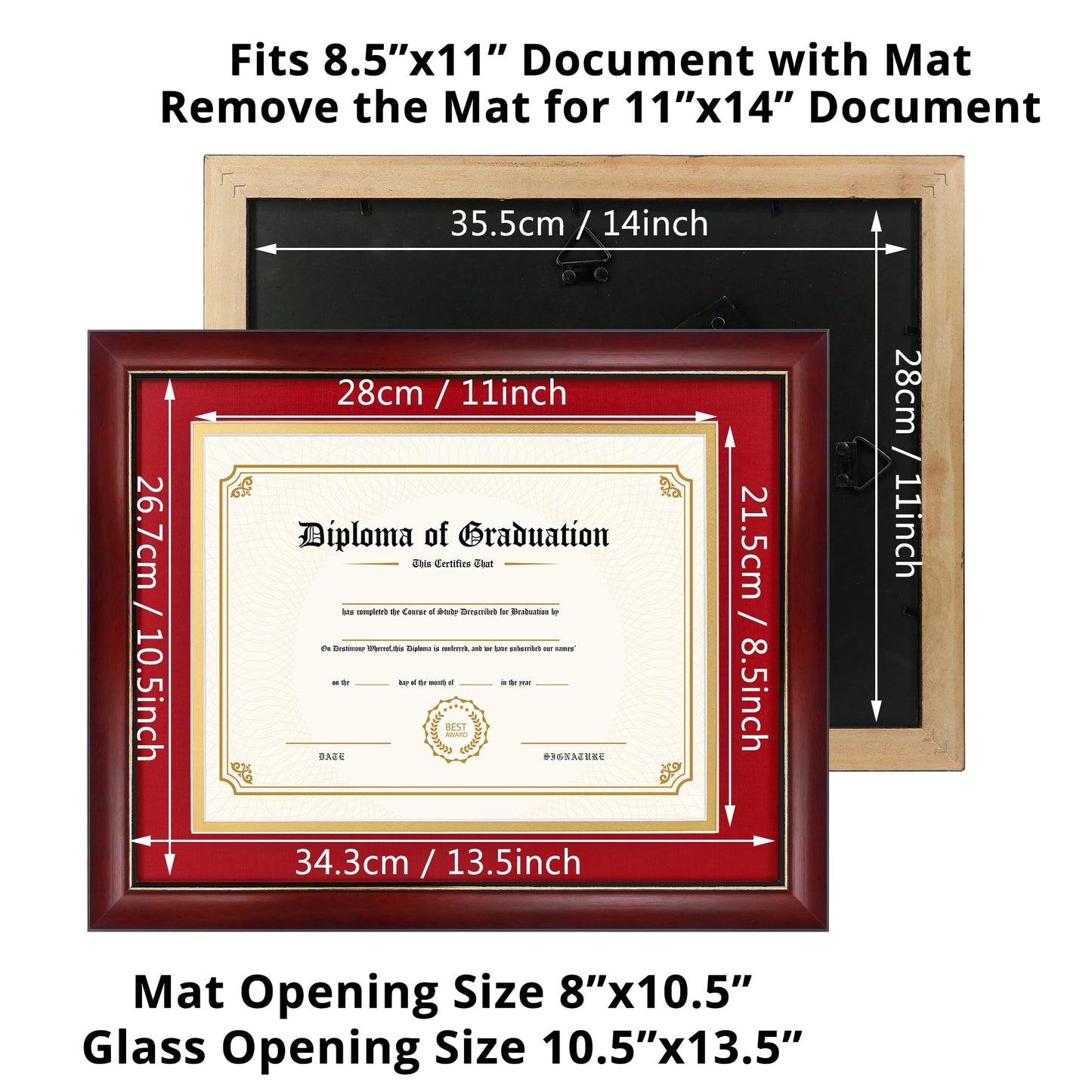 11x14 Diploma Frame 15x18 Certificate without Mat, Solid Wood & UV Protection Acrylic, Cherry Finish