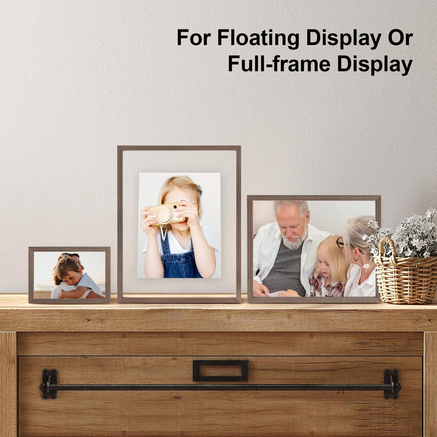 Floating Frames Set of 2, Double Glass Picture Frame, Made of Solid Wood Display Any Size Photo up to 11x14, Wall Mount or Tabletop Standing