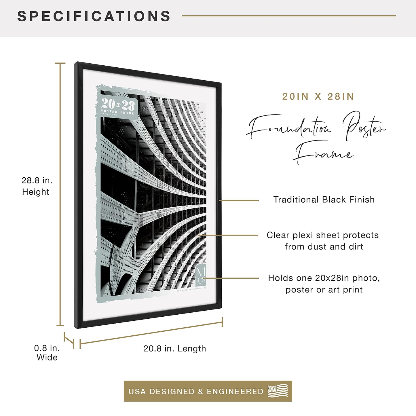 Foundation Poster Frame Traditional Brass, Vertical & Horizontal Wall Hanging Large Picture Frame for Photos, Posters & Art Prints