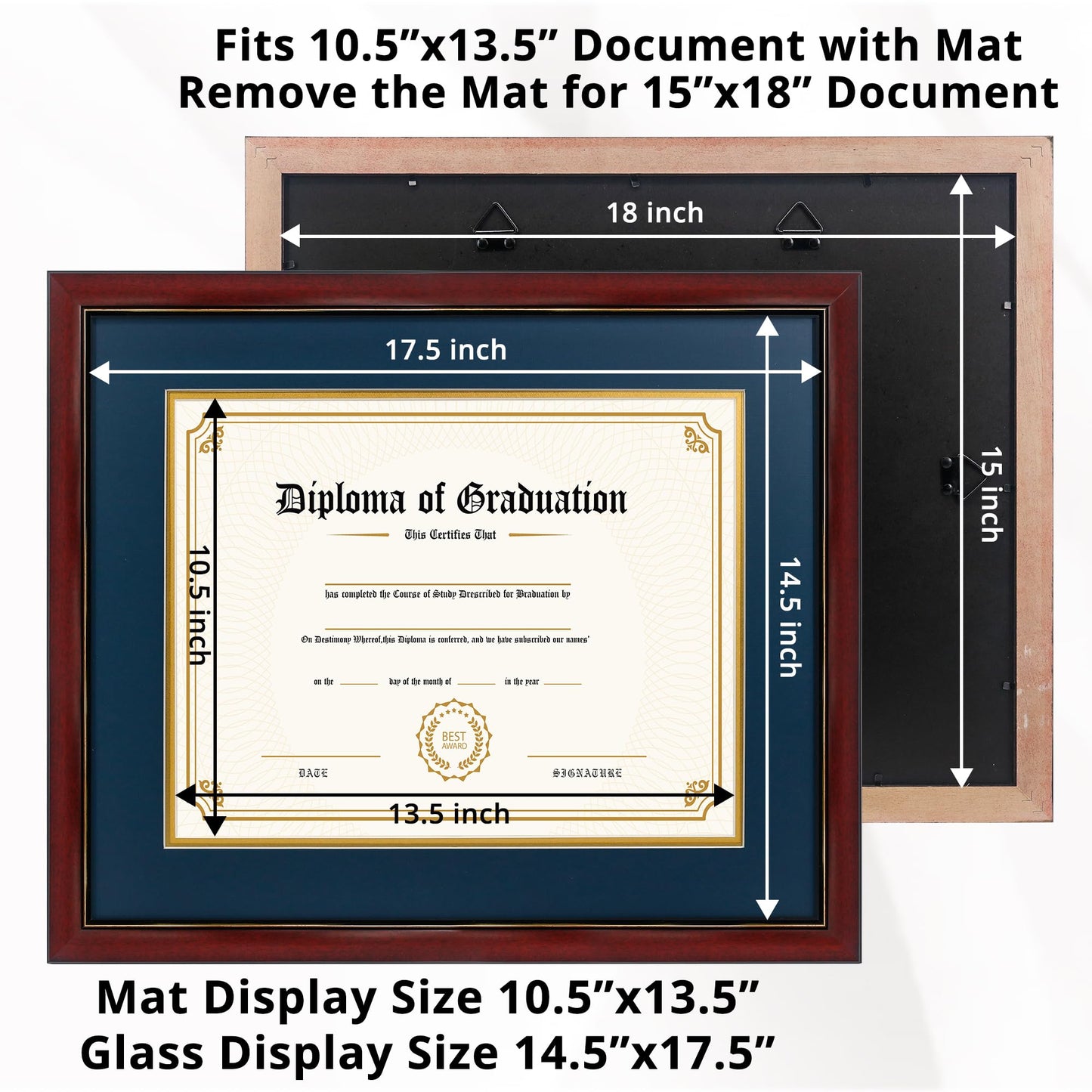 11x14 Diploma Frame 15x18 Certificate without Mat, Solid Wood & UV Protection Acrylic, Cherry Finish