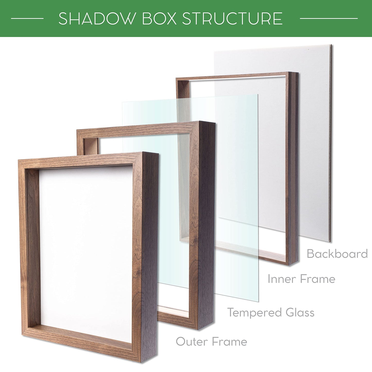 Wooden Shadow Box Frame – Display Case with Soft Felt Back, Memory Box with Tempered Glass, Elegant White Ball Push Pins